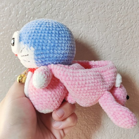 Handmade Amigurumi Crochet Doraemon Wearing a Bunny Hoodie - Picture 10 of 10
